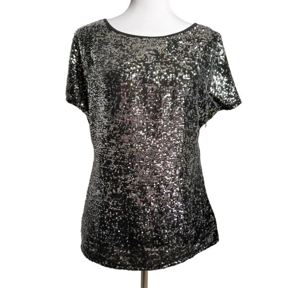 Boston Proper sequin blouse black silver split sleeve XS top cocktail Holiday - Picture 1 of 9